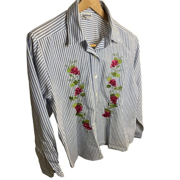 Vintage 90s BonWorth Blue White Vertical Stripe Flower Embroidered Top Sz MP - Picture 3 of 10